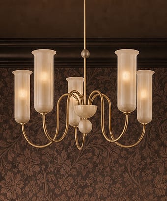 Brass chandelier with tall glass shades